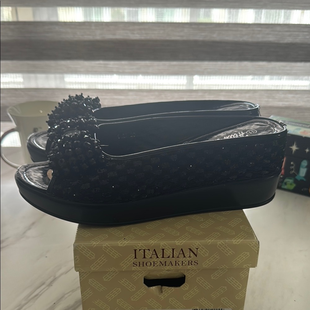 Helens Hearts Black Beaded Mules